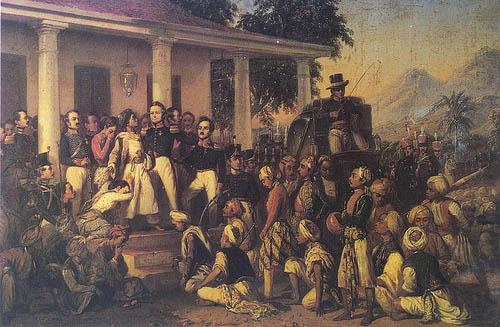 Depicts the arrest of prince Diponegoro at the end of the Javan War, Raden Saleh